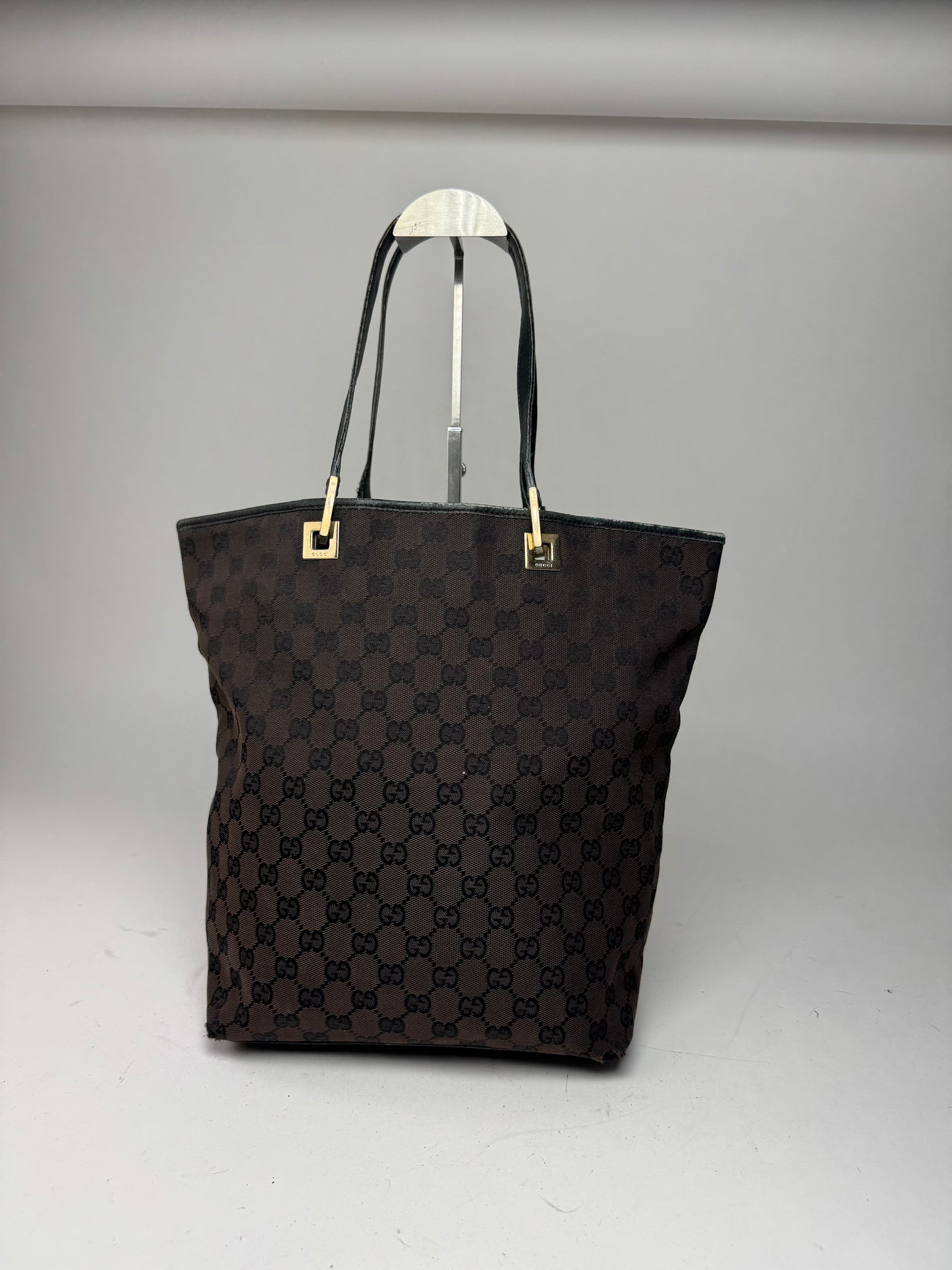 Vintage Gucci Monogram Leather Canvas Tote Bag black brown
