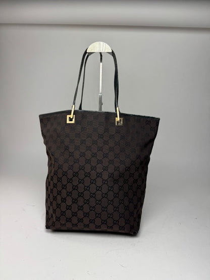 Vintage Gucci Monogram Leather Canvas Tote Bag black brown