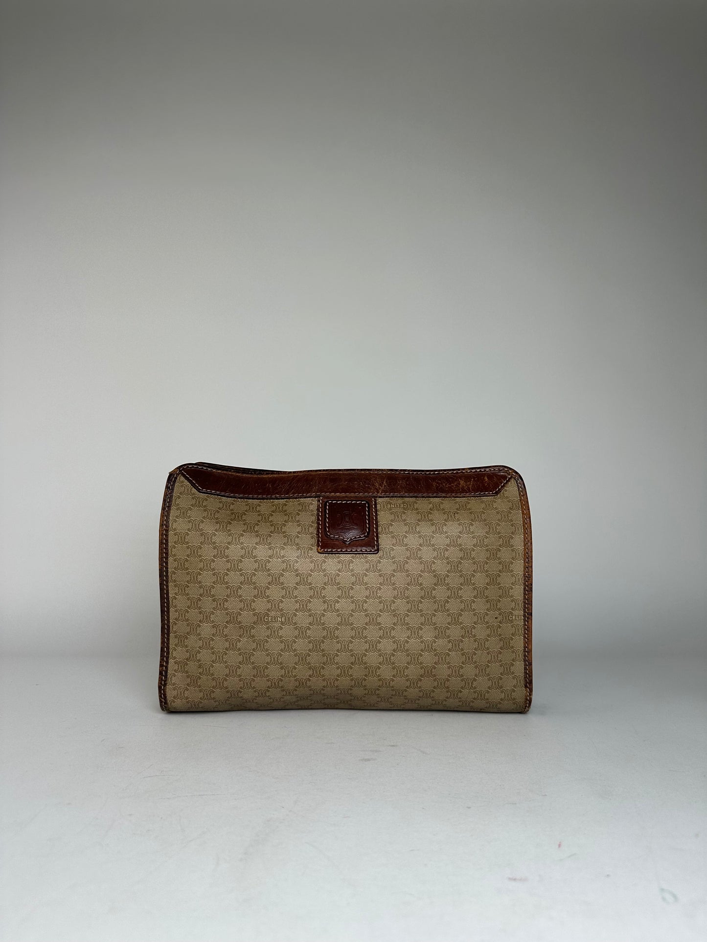 Vintage Celine Paris Triomphe Monogram Leather Clutch Beige Brown