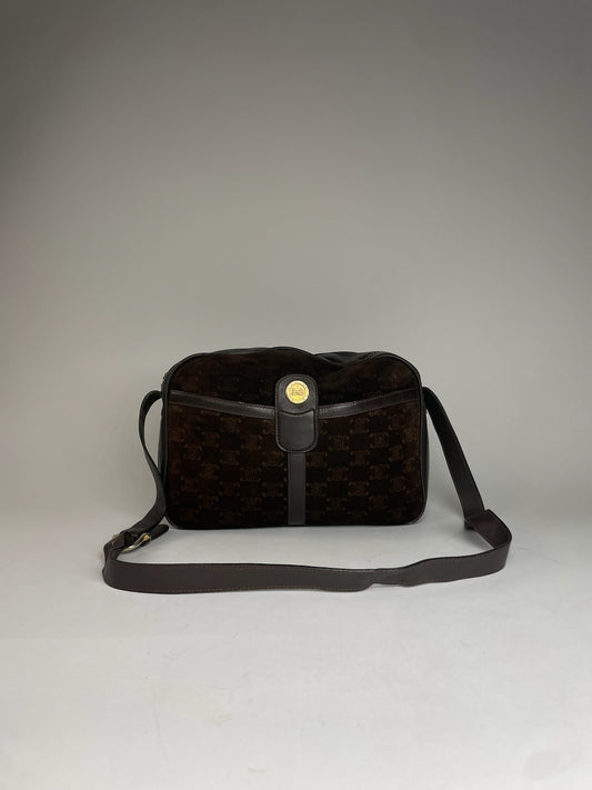 Vintage Celine Paris Suede Monogram Shoulder Crossbody Bag Brown