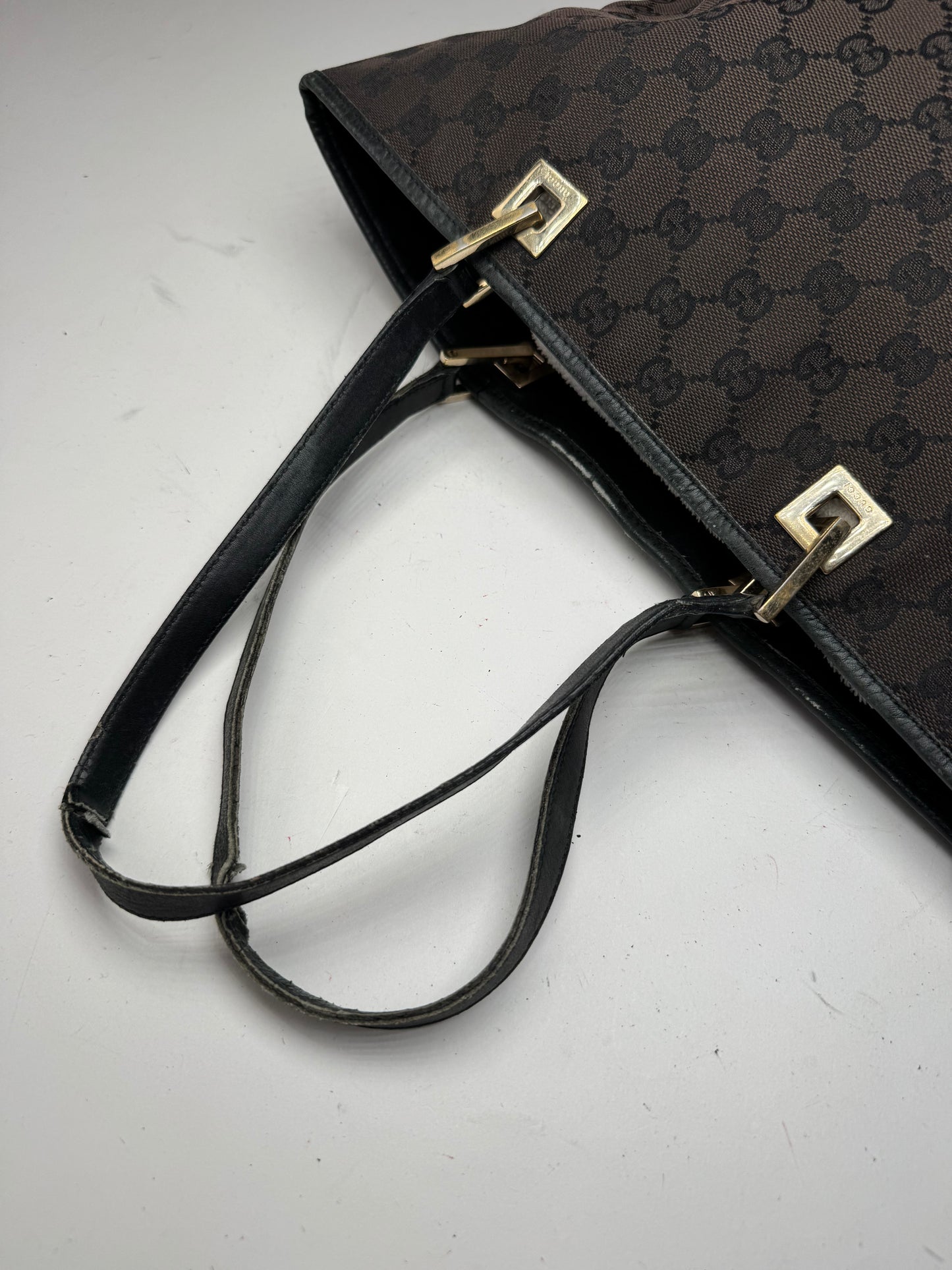 Vintage Gucci Monogram Leather Canvas Tote Bag black brown