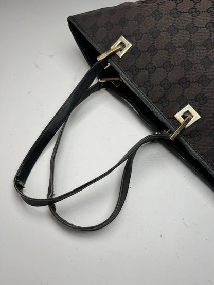 Vintage Gucci Monogram Leather Canvas Tote Bag black brown