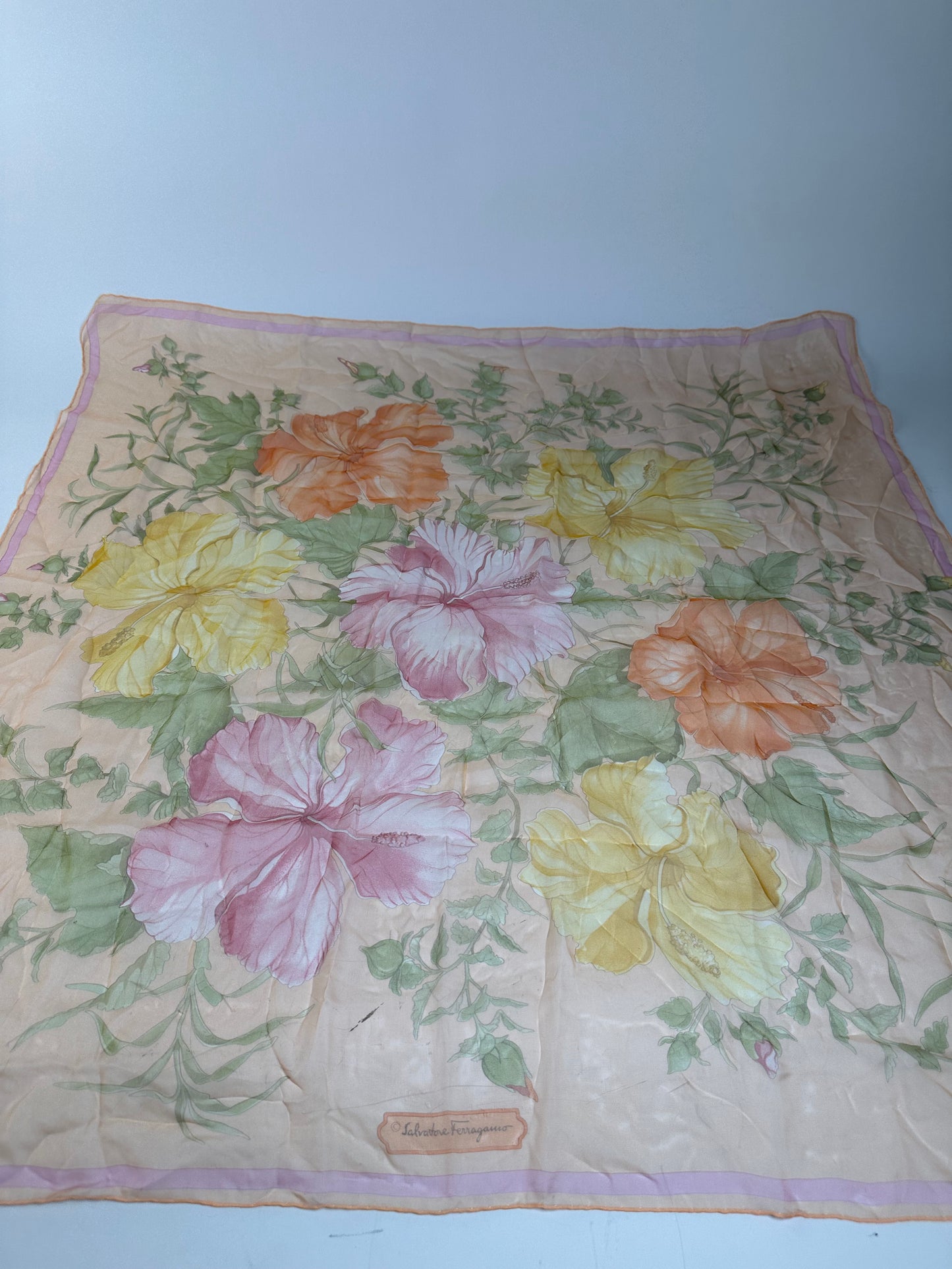 Vintage Ferragamo Floral Silk Scarf Peach Yellow Pink Green