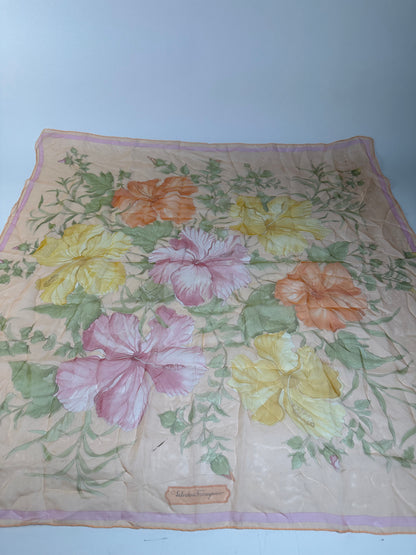 Vintage Ferragamo Floral Silk Scarf Peach Yellow Pink Green