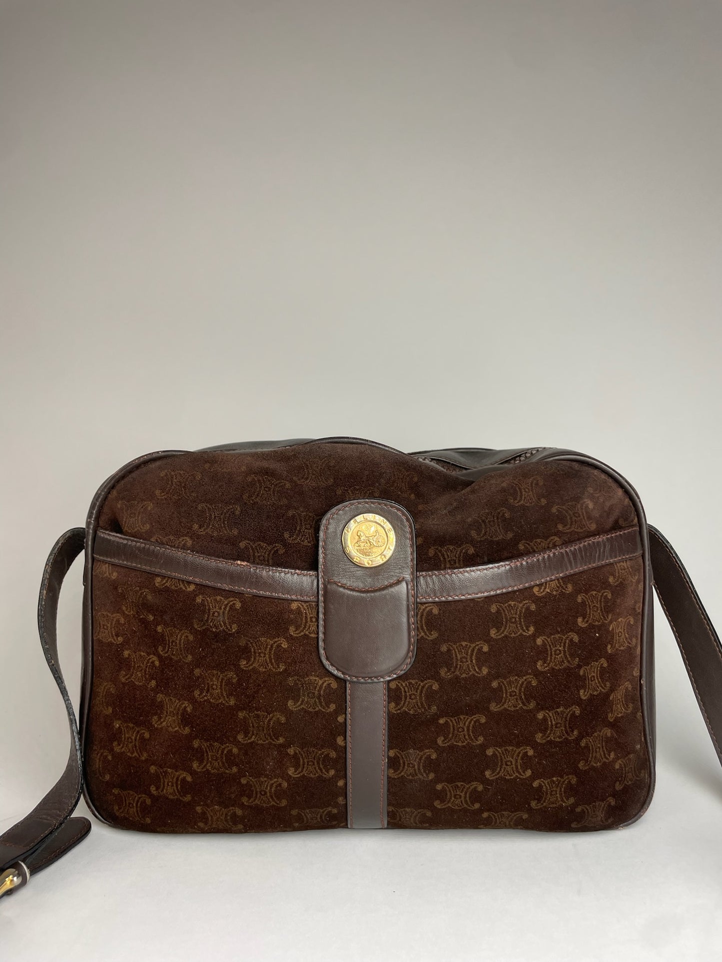 Vintage Celine Paris Suede Monogram Shoulder Crossbody Bag Brown