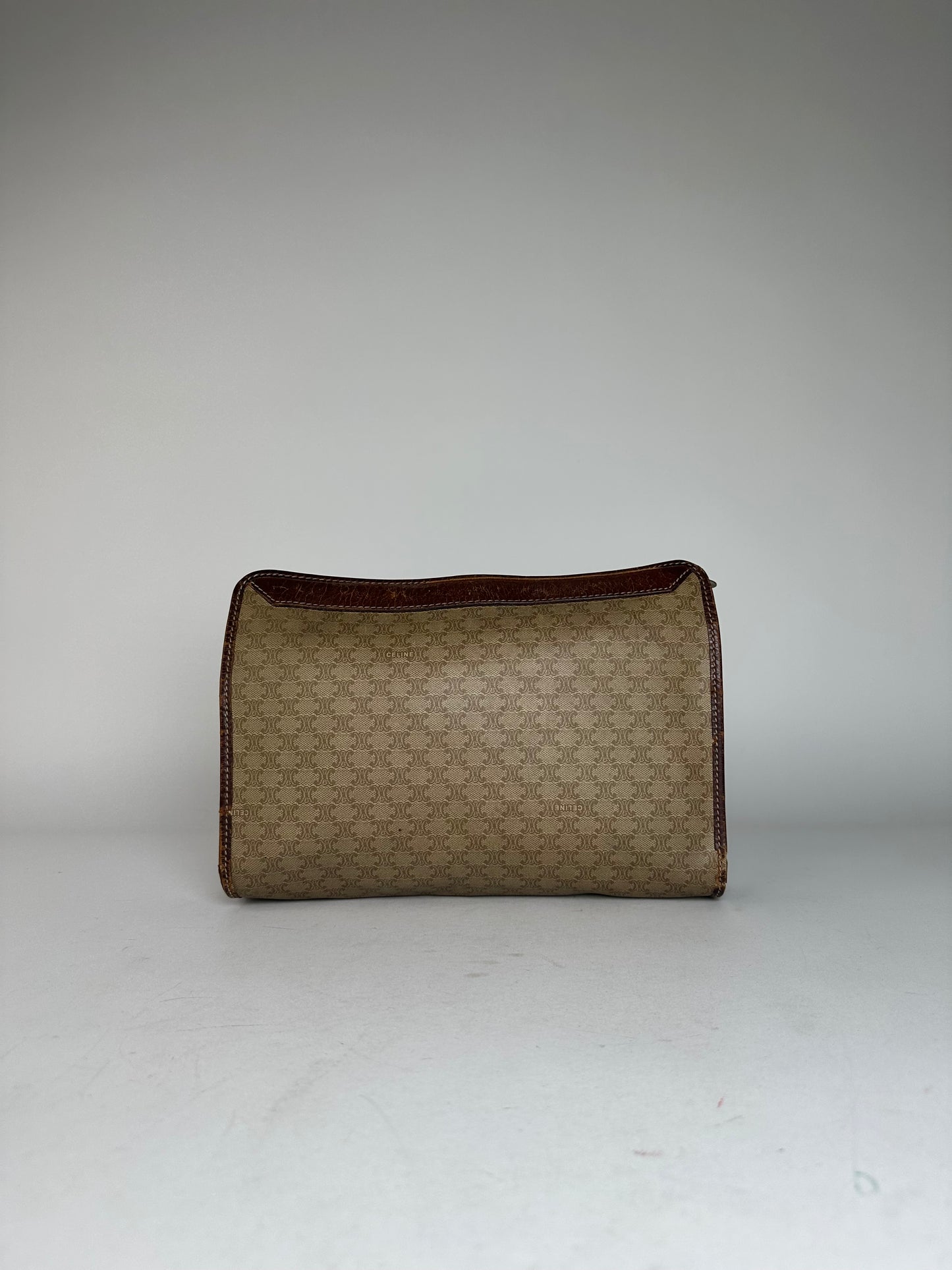 Vintage Celine Paris Triomphe Monogram Leather Clutch Beige Brown