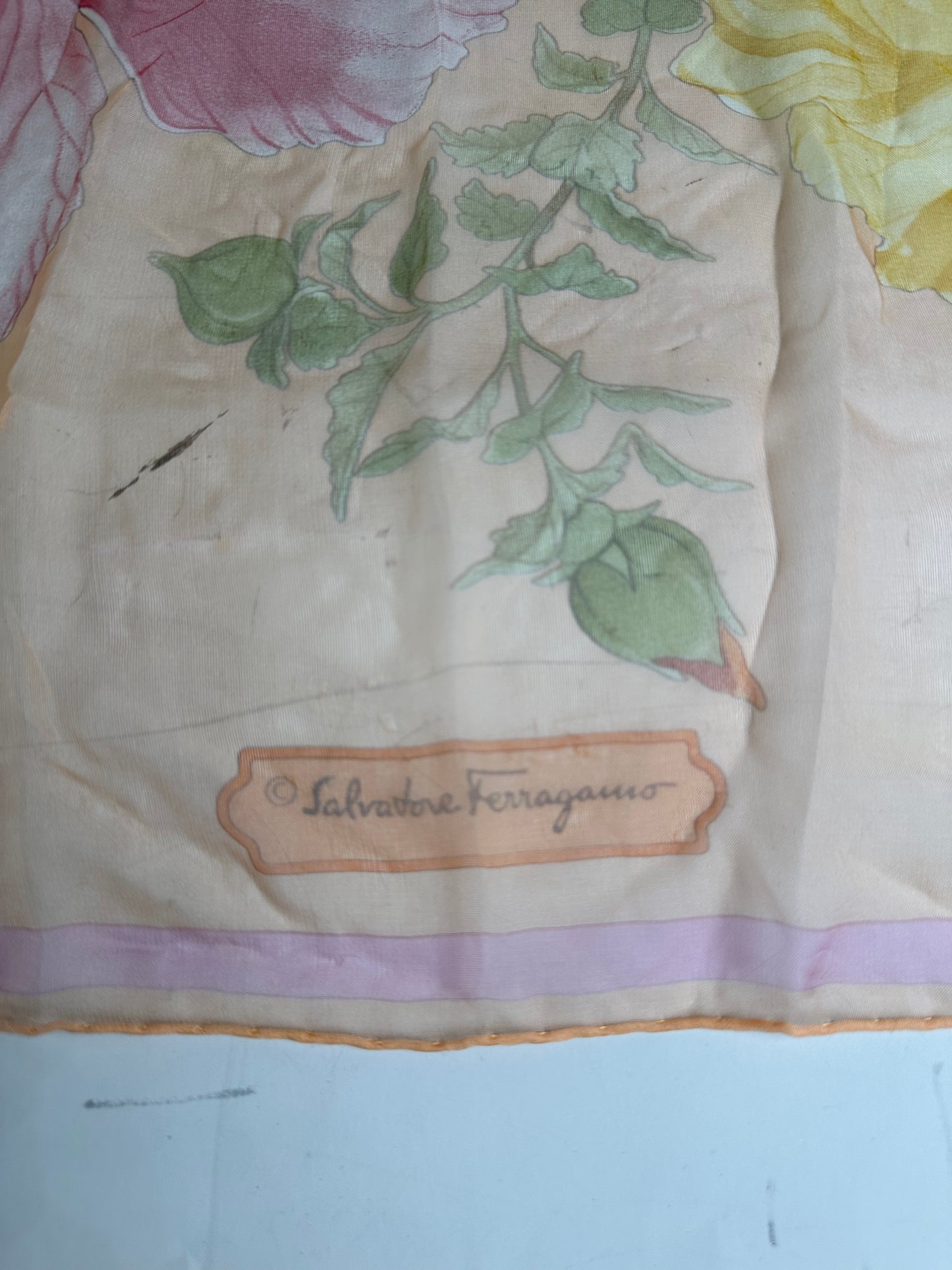 Vintage Ferragamo Floral Silk Scarf Peach Yellow Pink Green