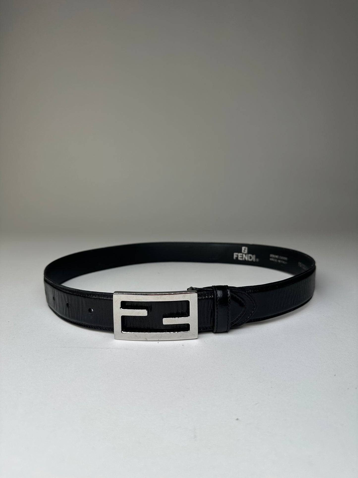 Vintage Fendi FF Logo Leather Belt Y2K Black Silver