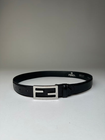 Vintage Fendi FF Logo Leather Belt Y2K Black Silver
