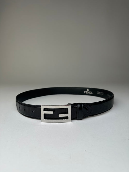 Vintage Fendi FF Logo Leather Belt Y2K Black Silver
