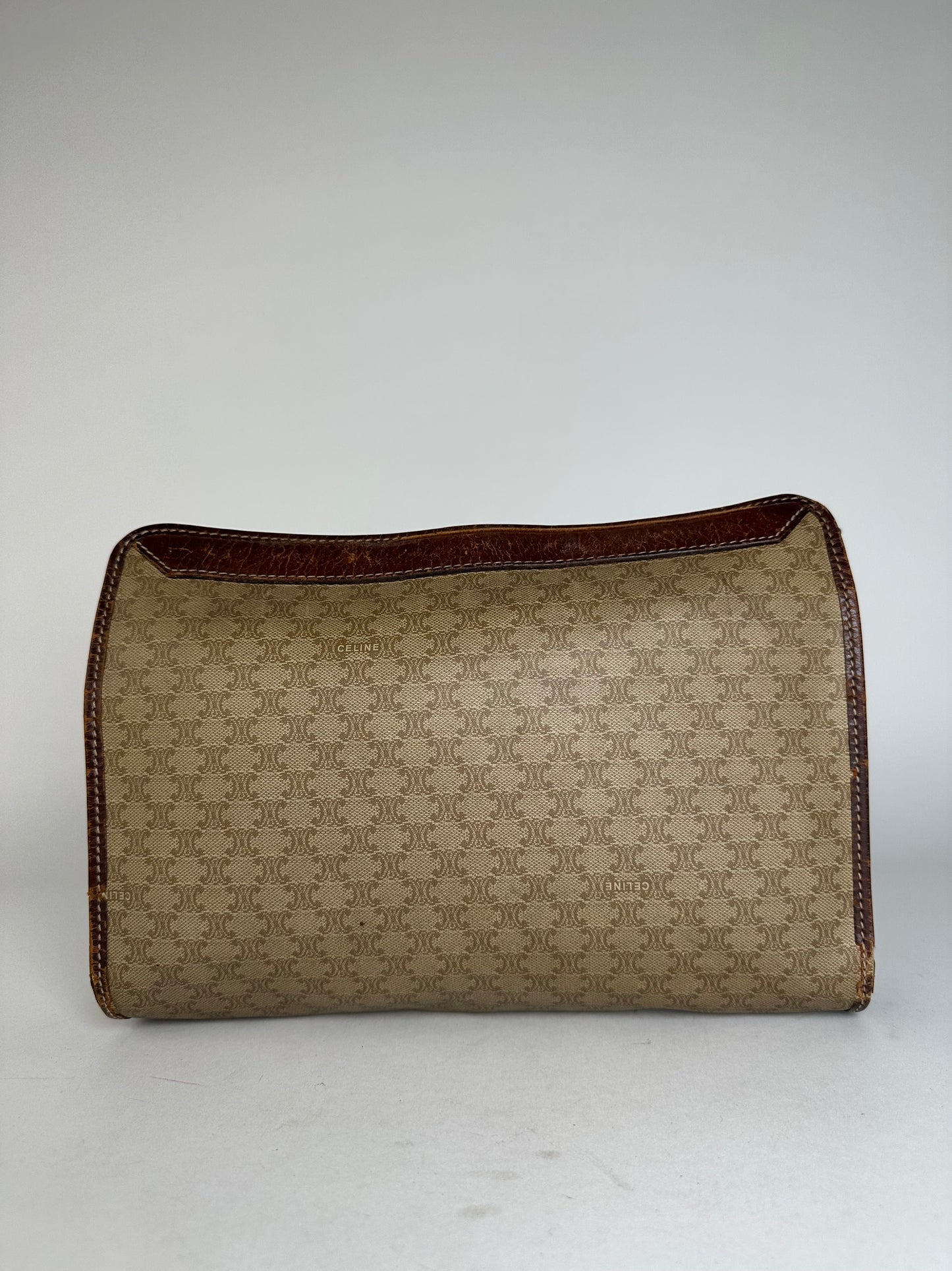 Vintage Celine Paris Triomphe Monogram Leather Clutch Beige Brown