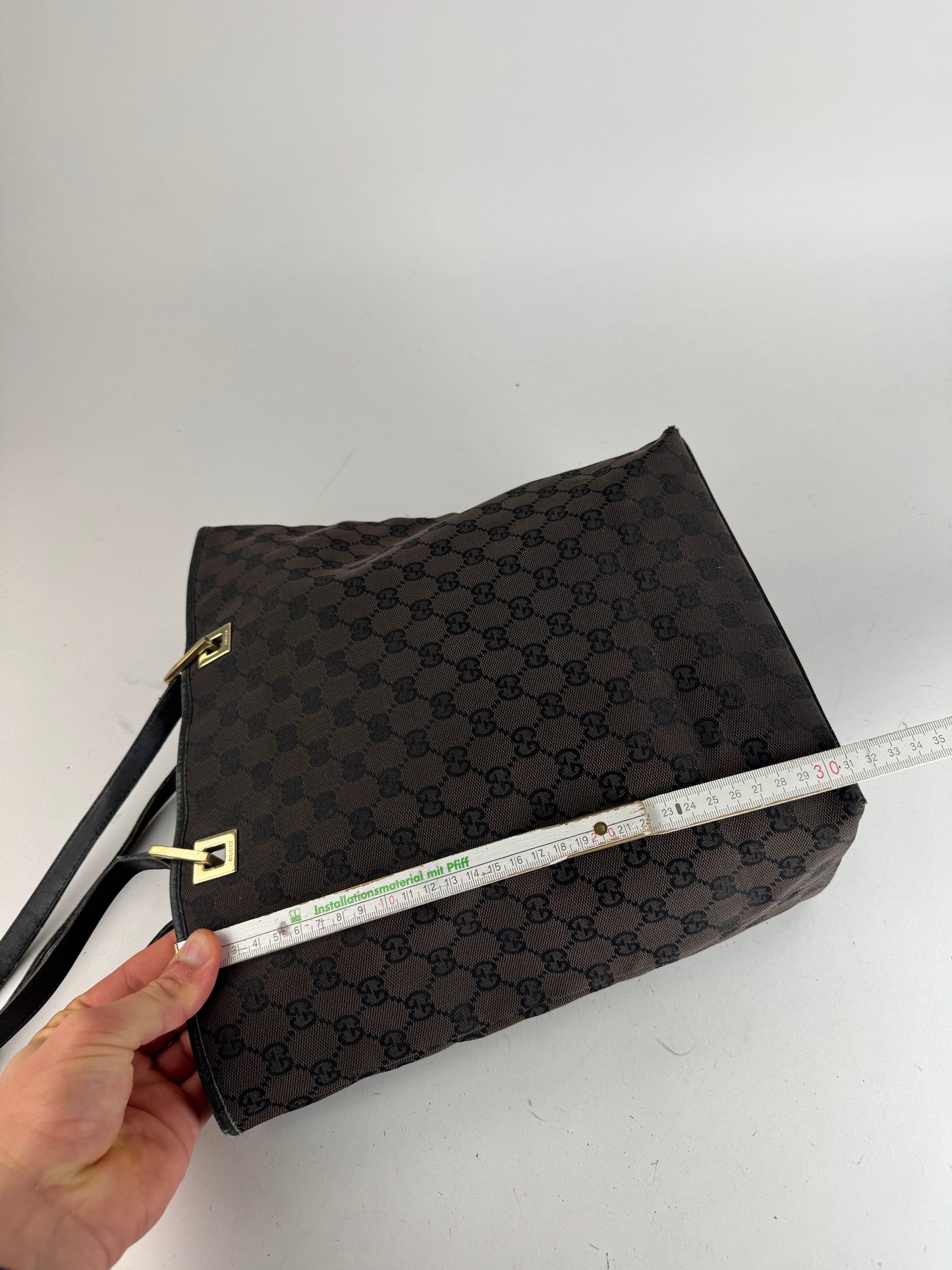 Vintage Gucci Monogram Leather Canvas Tote Bag black brown