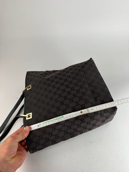 Vintage Gucci Monogram Leather Canvas Tote Bag black brown