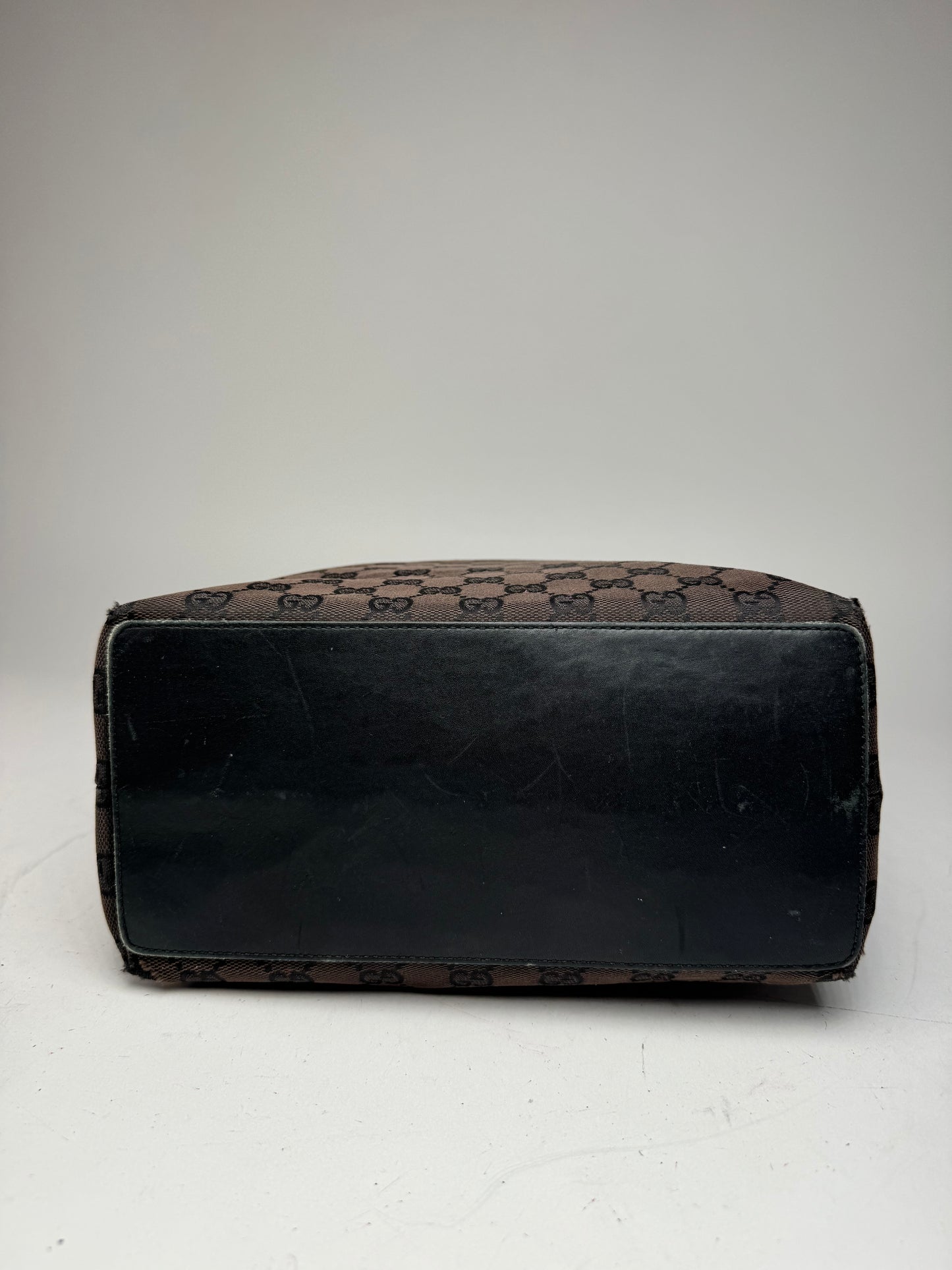 Vintage Gucci Monogram Leather Canvas Tote Bag black brown