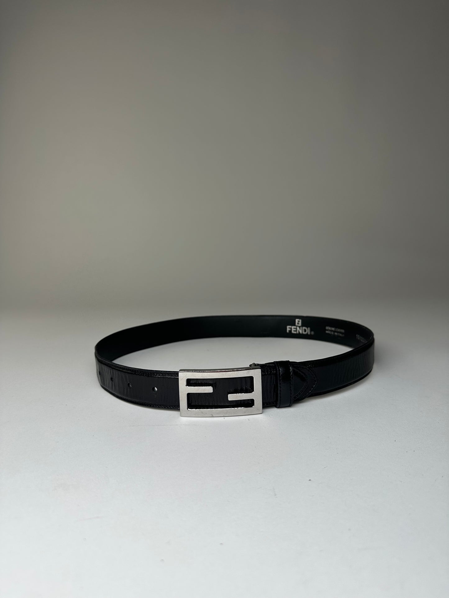 Vintage Fendi FF Logo Leather Belt Y2K Black Silver