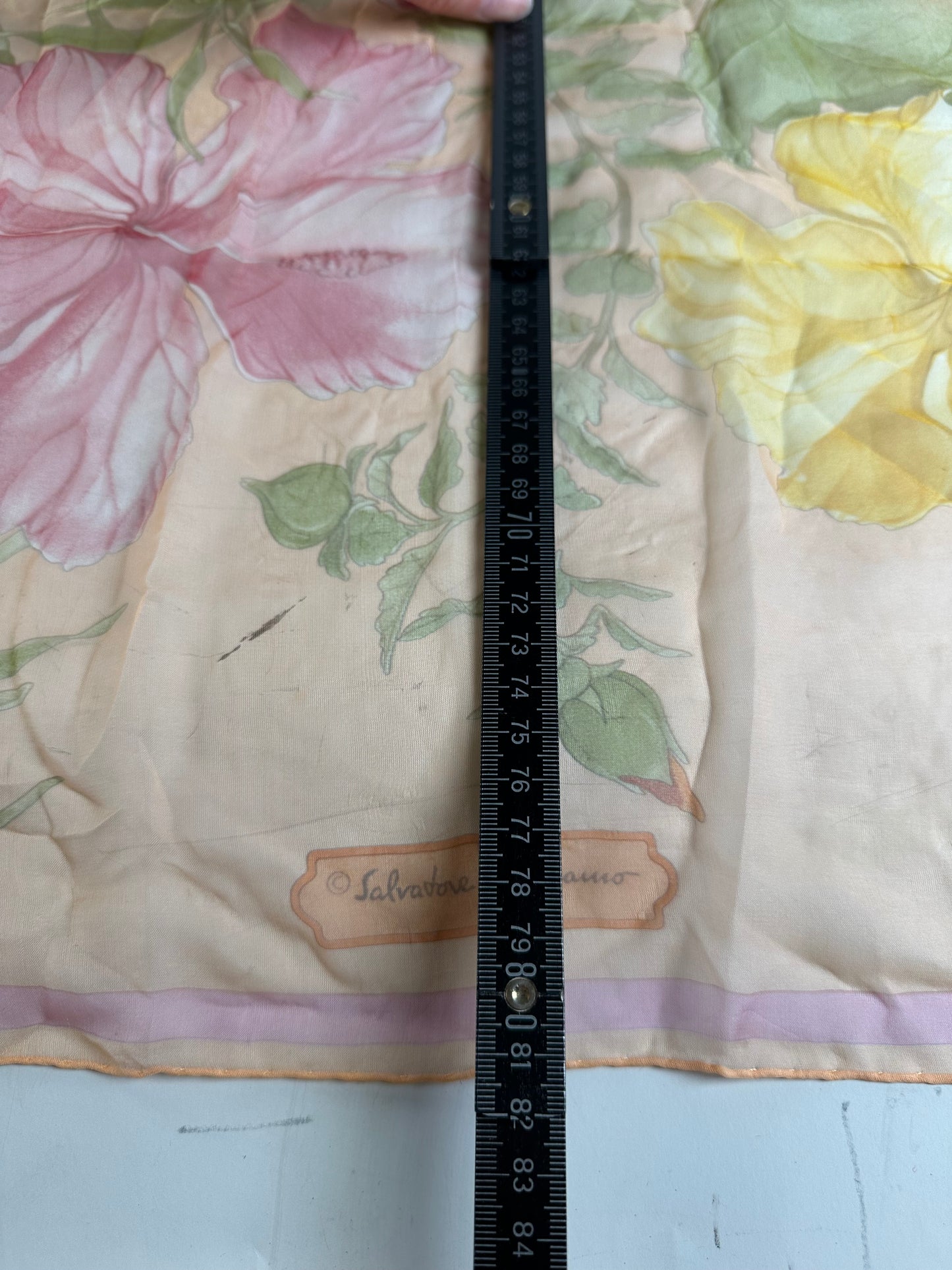 Vintage Ferragamo Floral Silk Scarf Peach Yellow Pink Green
