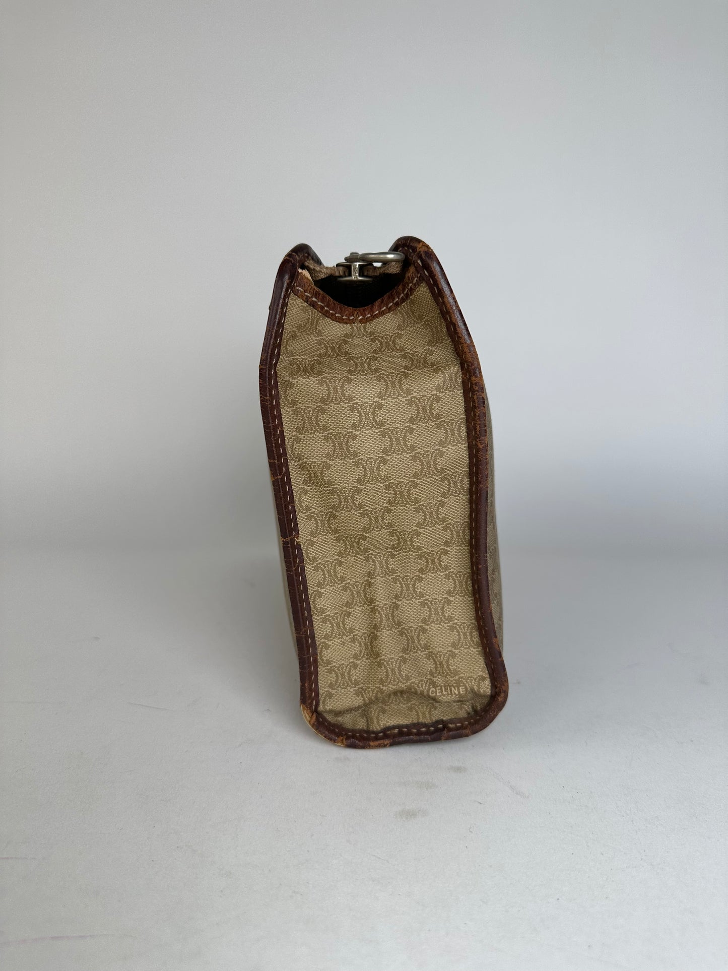 Vintage Celine Paris Triomphe Monogram Leather Clutch Beige Brown