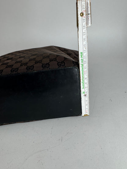 Vintage Gucci Monogram Leather Canvas Tote Bag black brown