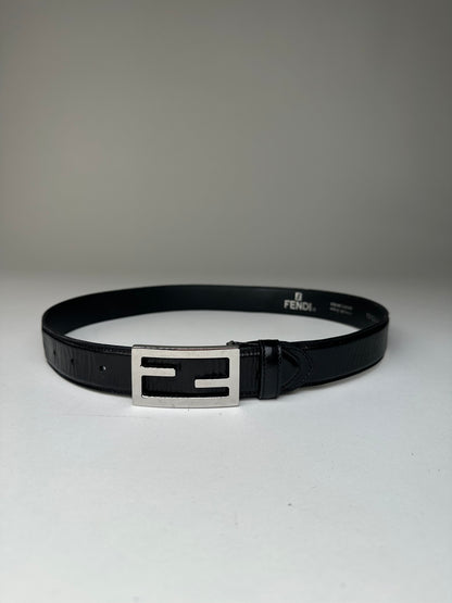 Vintage Fendi FF Logo Leather Belt Y2K Black Silver