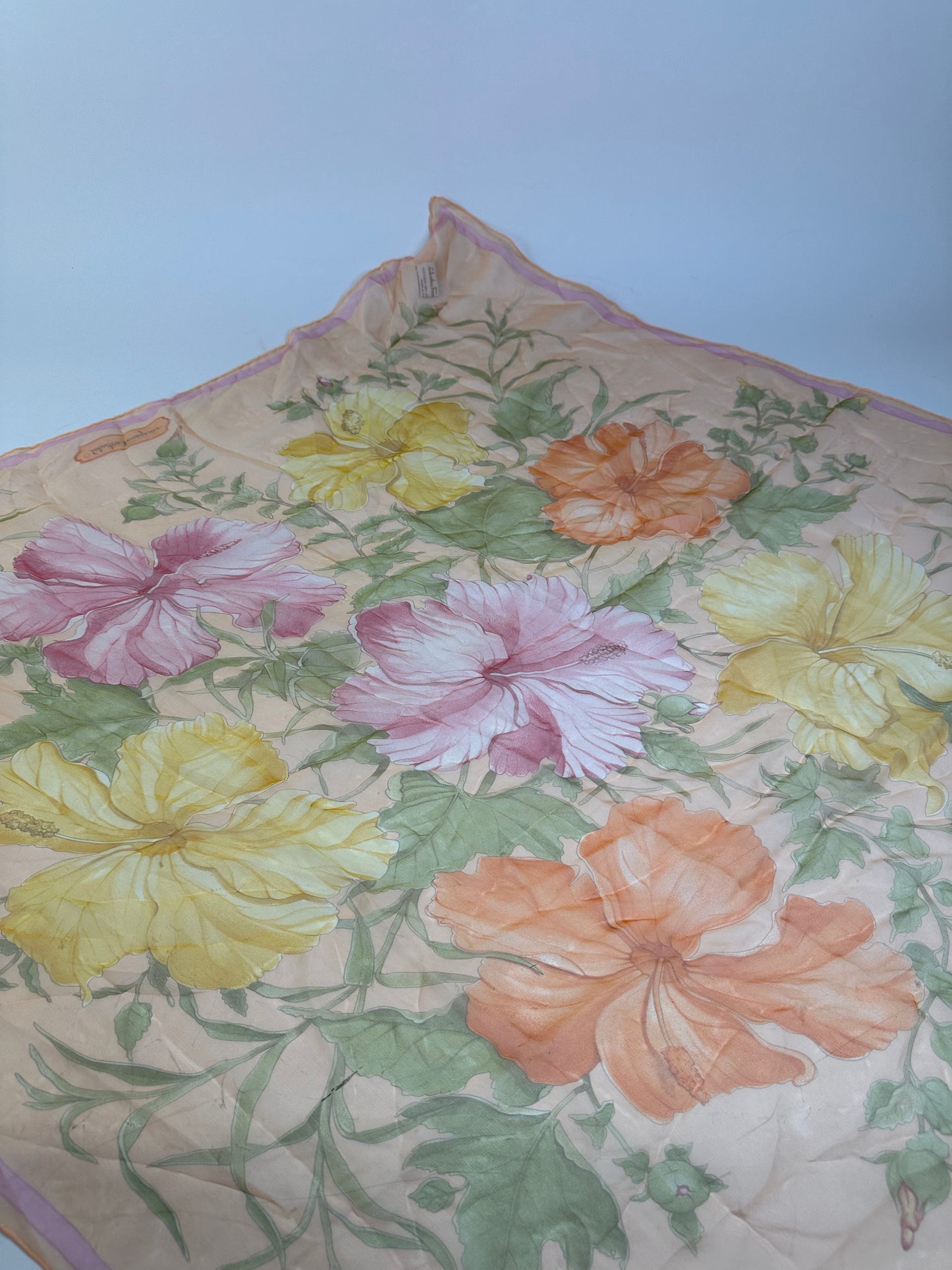Vintage Ferragamo Floral Silk Scarf Peach Yellow Pink Green