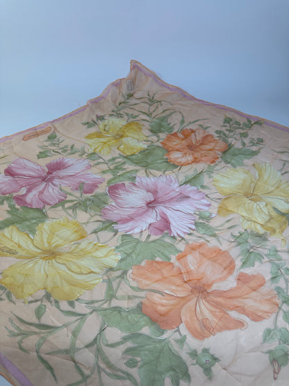 Vintage Ferragamo Floral Silk Scarf Peach Yellow Pink Green