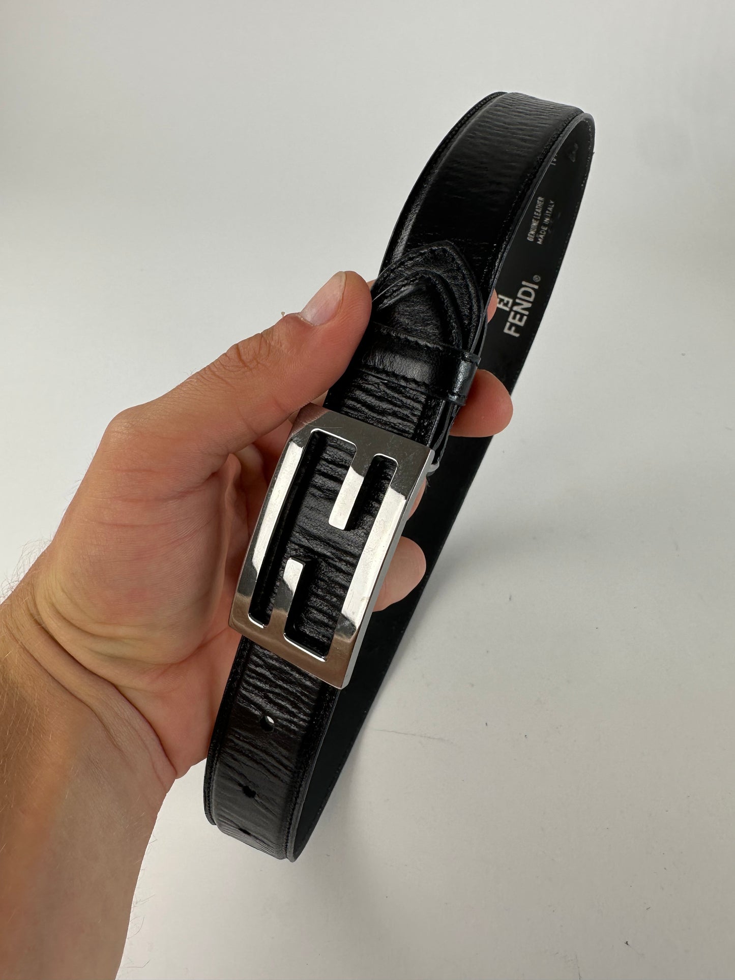 Vintage Fendi FF Logo Leather Belt Y2K Black Silver
