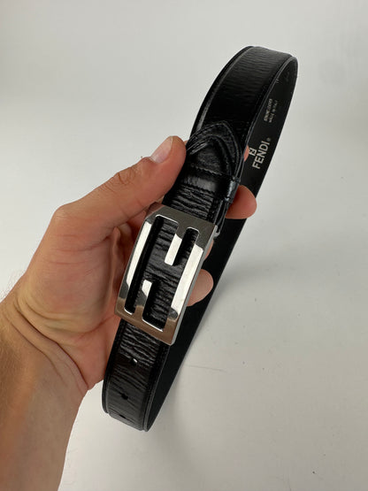 Vintage Fendi FF Logo Leather Belt Y2K Black Silver