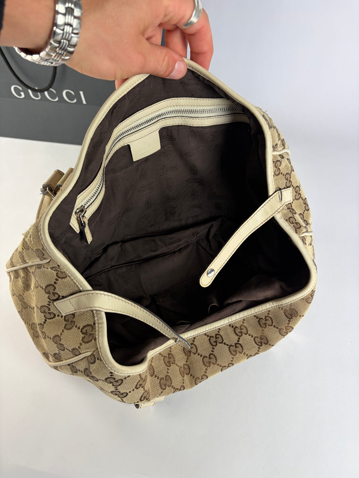 Vintage Gucci GG Monogram Canvas Joy Tote Beige Brown