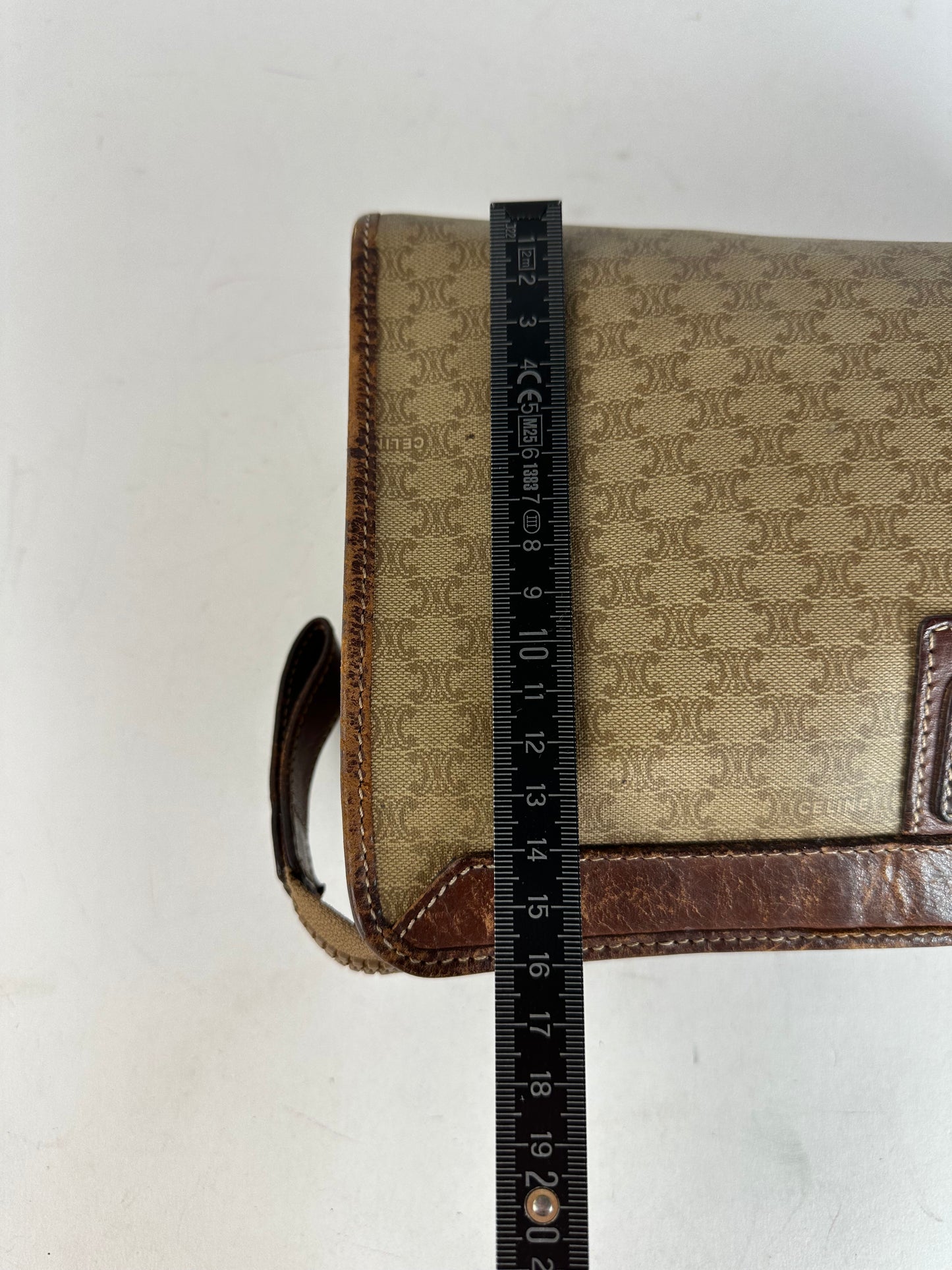 Vintage Celine Paris Triomphe Monogram Leather Clutch Beige Brown