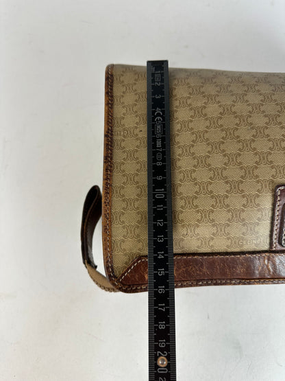 Vintage Celine Paris Triomphe Monogram Leather Clutch Beige Brown