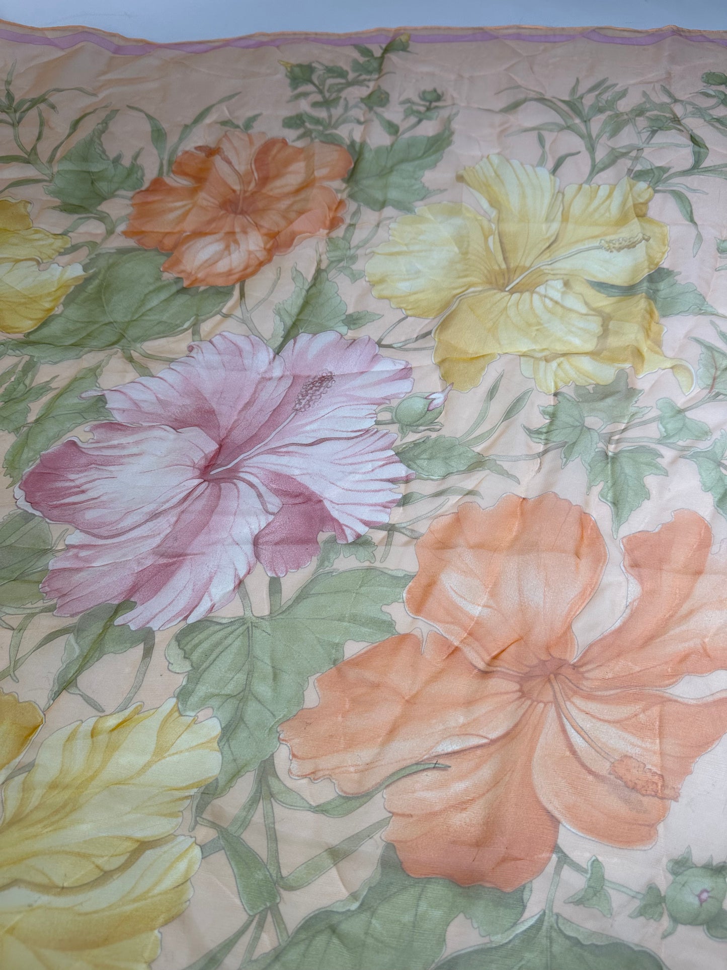 Vintage Ferragamo Floral Silk Scarf Peach Yellow Pink Green