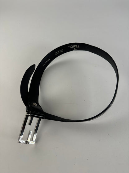 Vintage Fendi FF Logo Leather Belt Y2K Black Silver