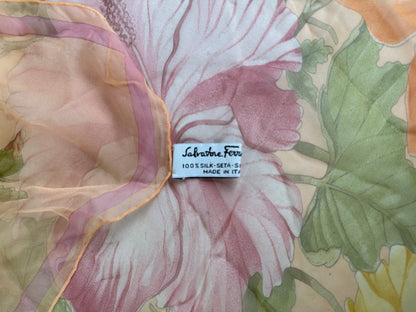 Vintage Ferragamo Floral Silk Scarf Peach Yellow Pink Green