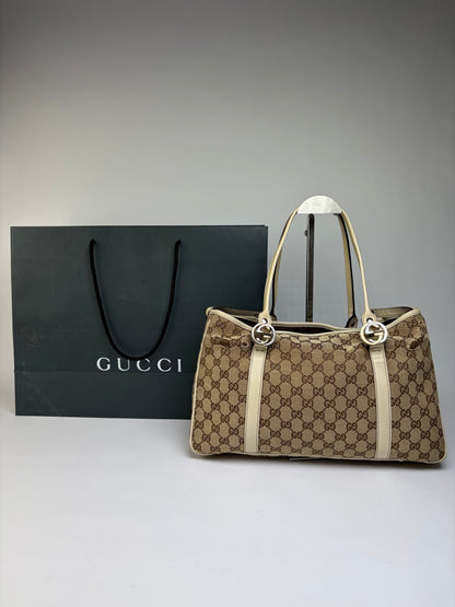 Vintage Gucci GG Monogram Canvas Joy Tote Beige Brown