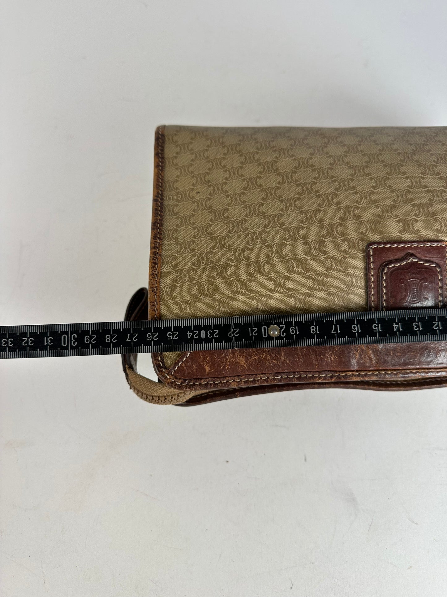 Vintage Celine Paris Triomphe Monogram Leather Clutch Beige Brown