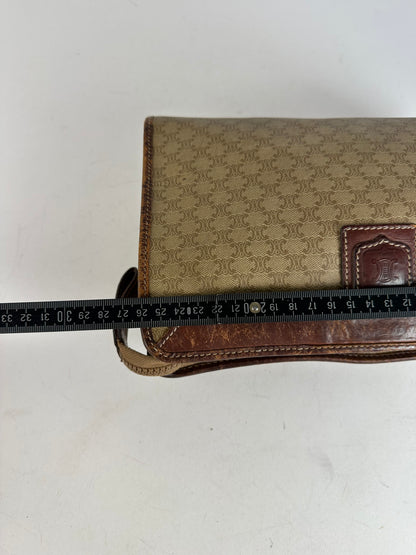 Vintage Celine Paris Triomphe Monogram Leather Clutch Beige Brown