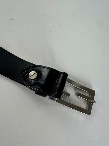 Vintage Fendi FF Logo Leather Belt Y2K Black Silver