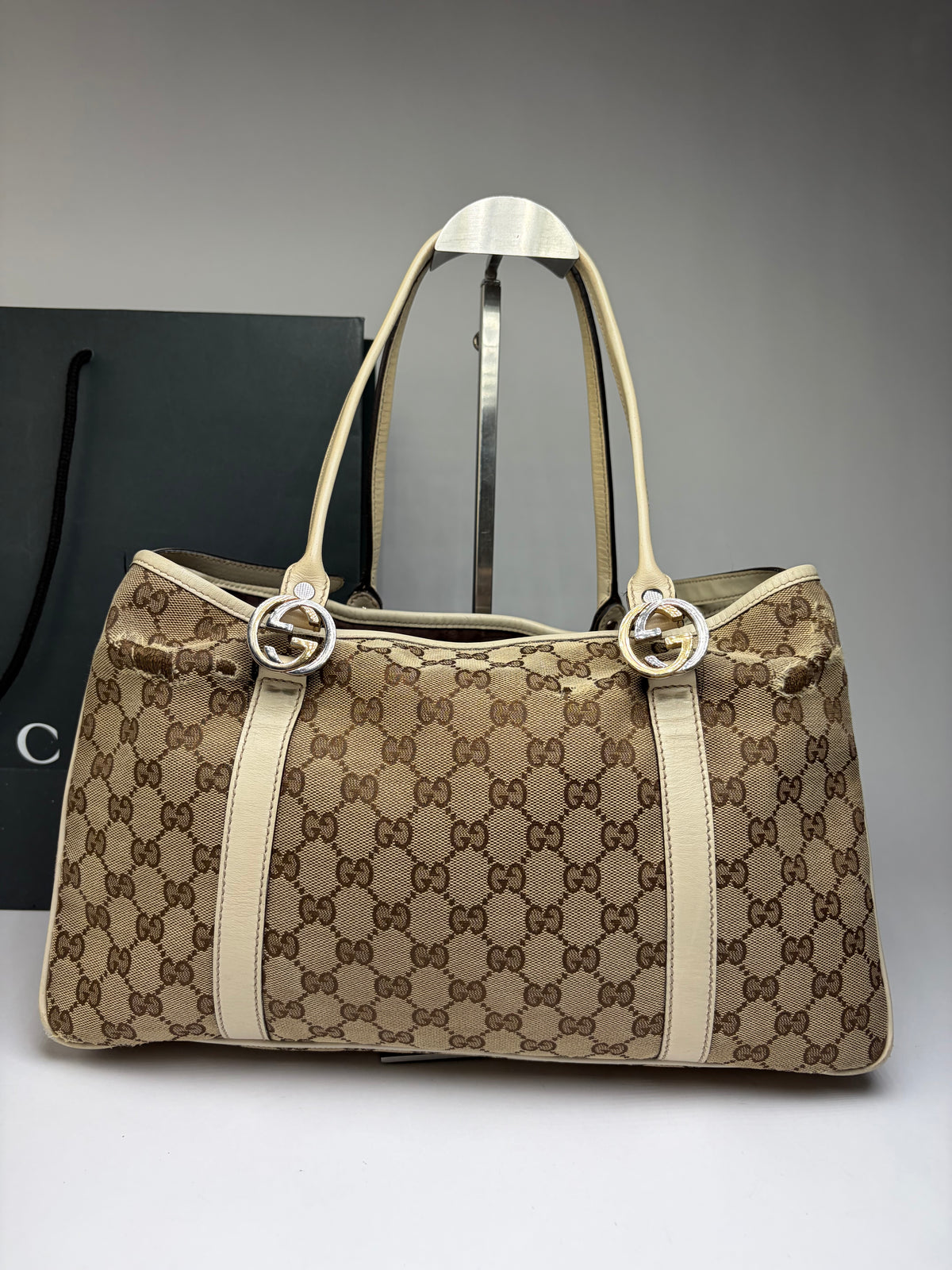 Vintage Gucci GG Monogram Canvas Joy Tote Beige Brown