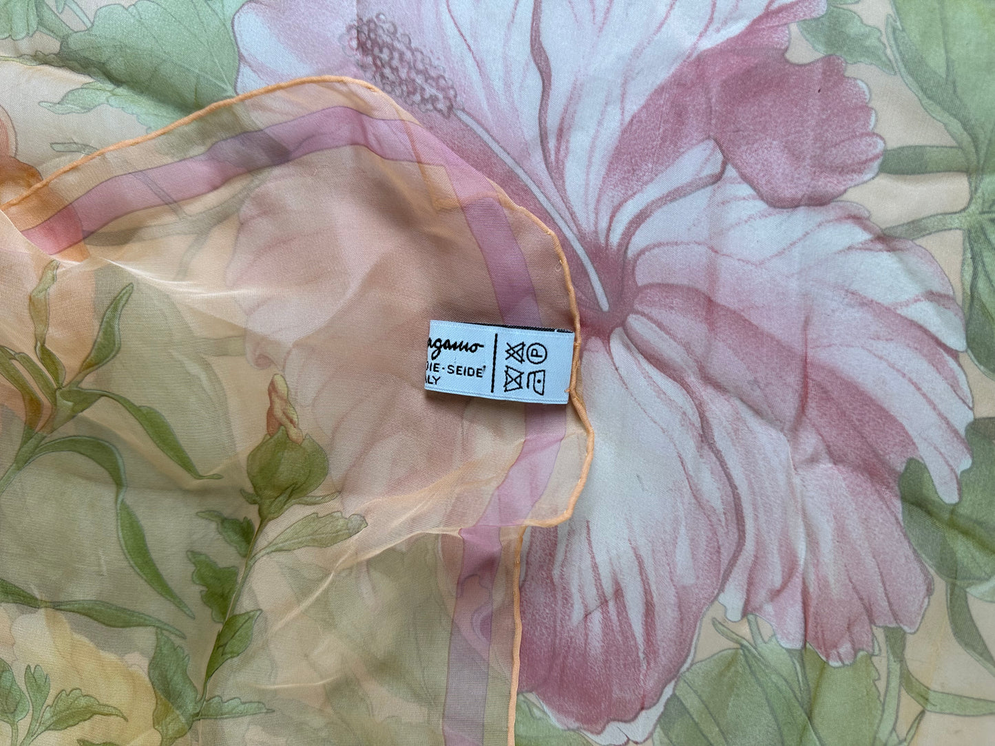 Vintage Ferragamo Floral Silk Scarf Peach Yellow Pink Green
