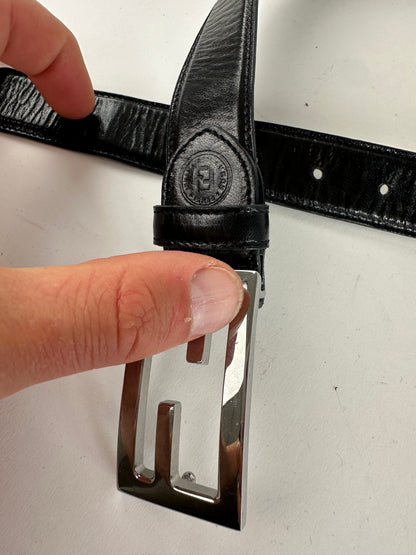 Vintage Fendi FF Logo Leather Belt Y2K Black Silver