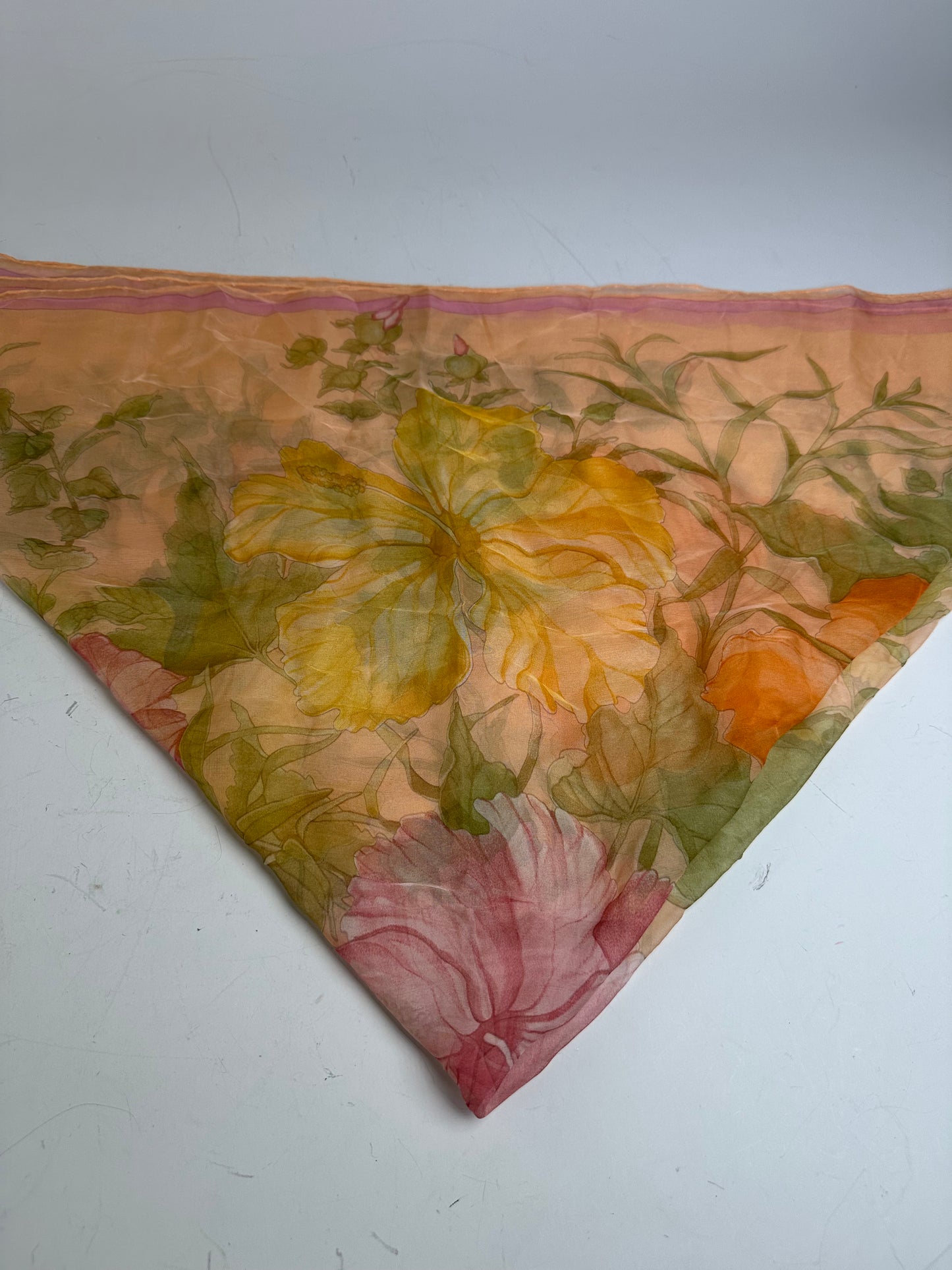 Vintage Ferragamo Floral Silk Scarf Peach Yellow Pink Green