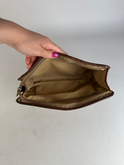 Vintage Celine Paris Triomphe Monogram Leather Clutch Beige Brown