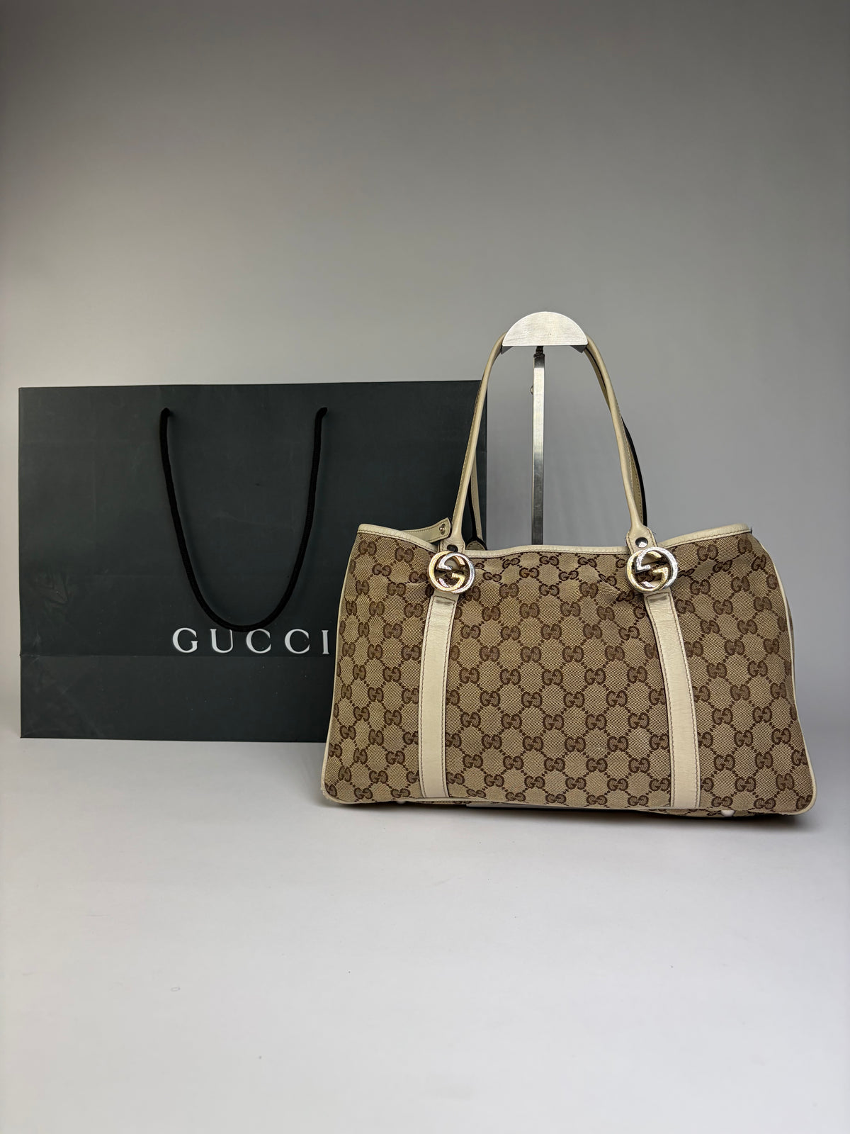 Vintage Gucci GG Monogram Canvas Joy Tote Beige Brown