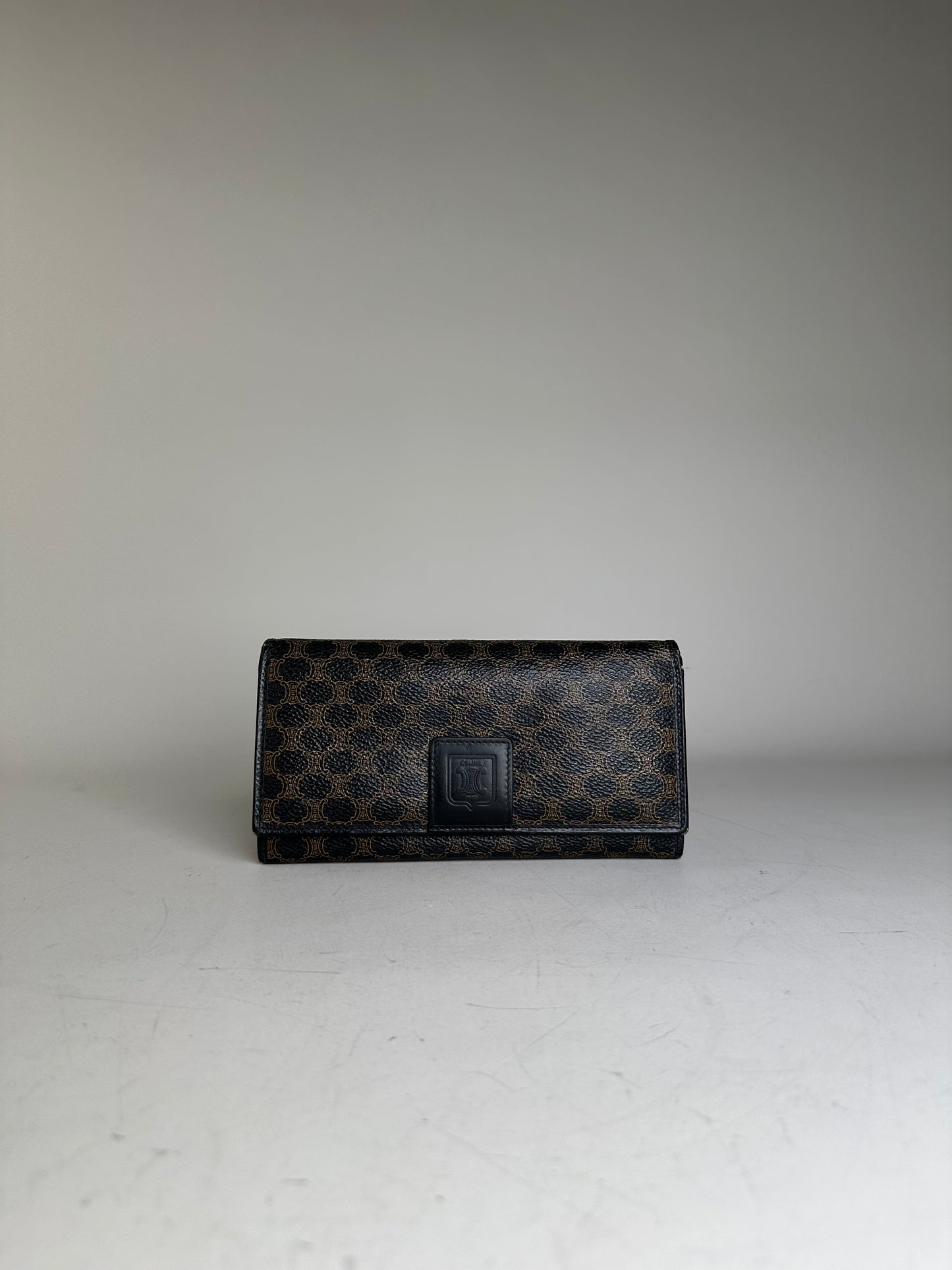 Vintage Celine Textured Leather Wallet Black Brown Gold