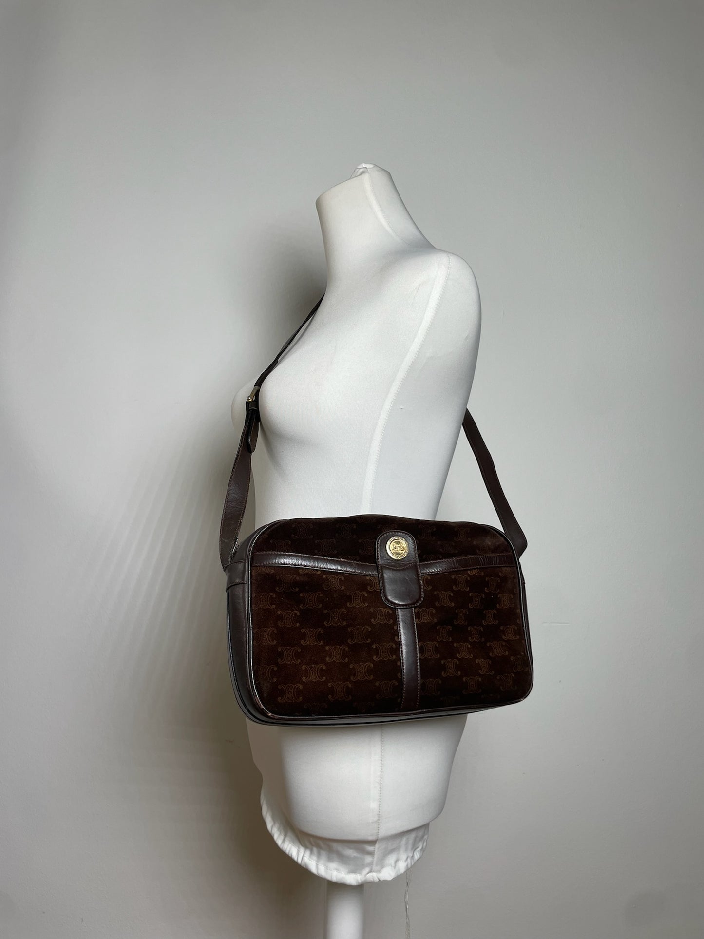 Vintage Celine Paris Suede Monogram Shoulder Crossbody Bag Brown