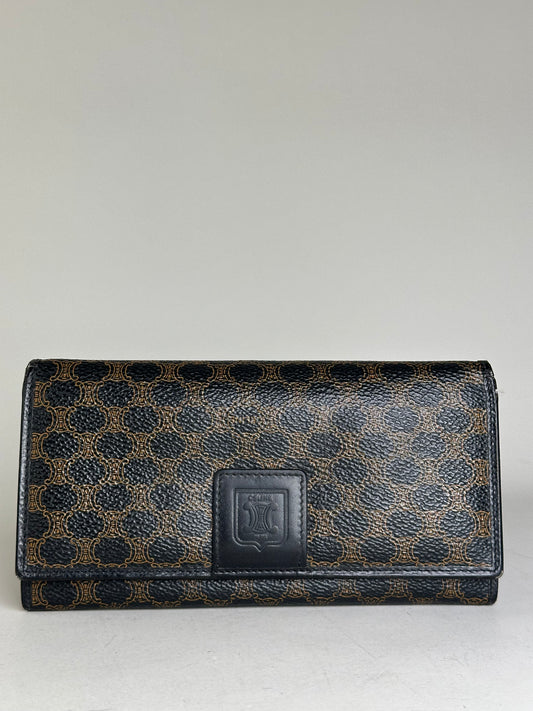 Vintage Celine Textured Leather Wallet Black Brown Gold