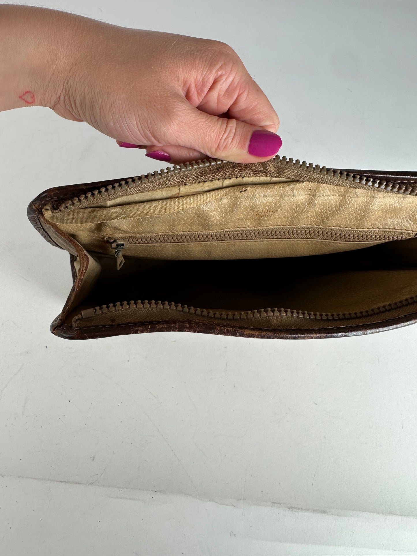 Vintage Celine Paris Triomphe Monogram Leather Clutch Beige Brown