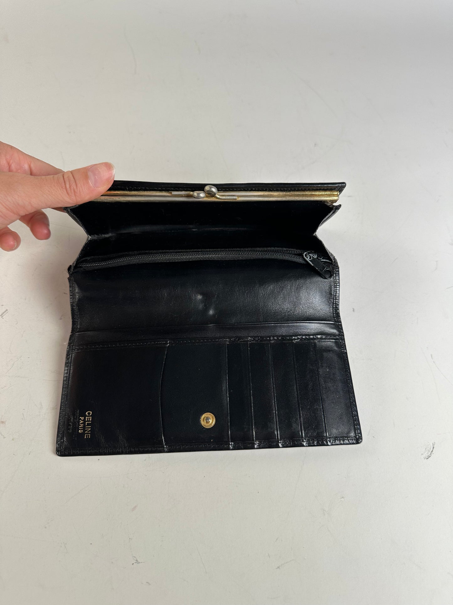 Vintage Celine Textured Leather Wallet Black Brown Gold