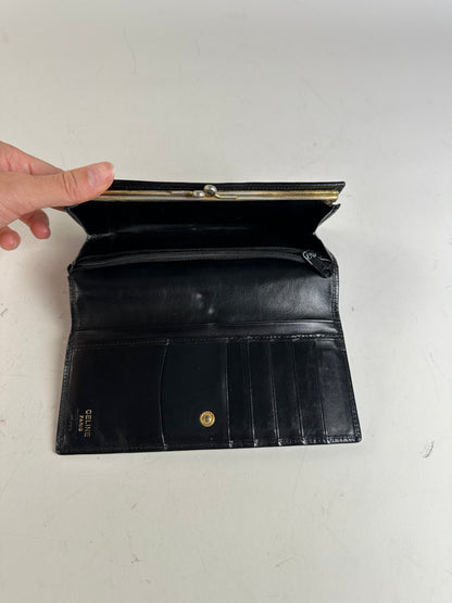 Vintage Celine Textured Leather Wallet Black Brown Gold