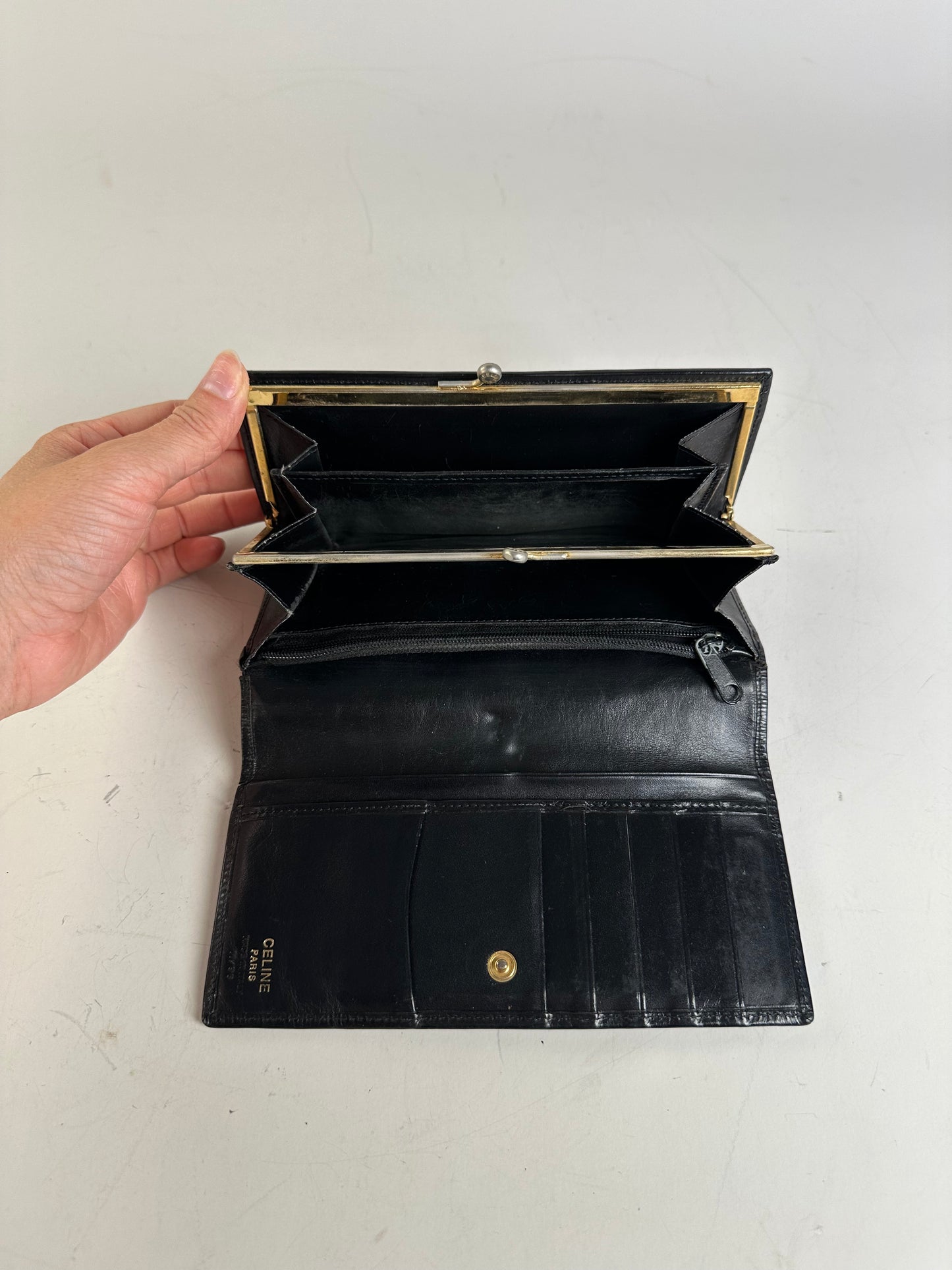Vintage Celine Textured Leather Wallet Black Brown Gold